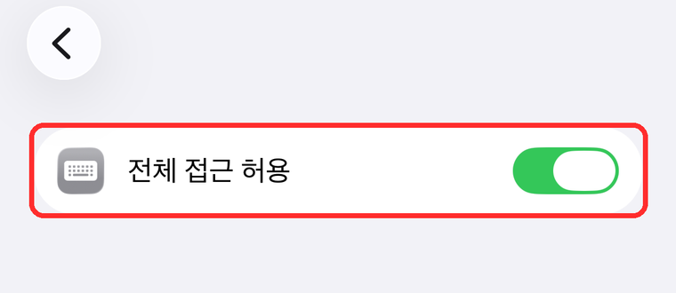 전체 접근 허용 스위치가 켜져 있는 화면.