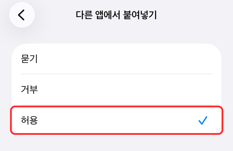 다른 앱에서 붙여넣기 설정 화면. 허용이 선택돼 있고 빨간 테두리로 표시돼 있다.